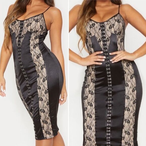 PrettyLittleThing Black Satin Strappy Eyelet Lace Detail Midaxi Dress Sz XL NWT - Picture 1 of 15